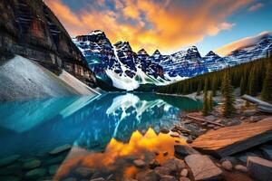 ai generado morena lago en banff nacional parque, alberta, Canadá, tomado a el pico de color durante el Mañana amanecer a morena lago en banff nacional parque, ai generado foto