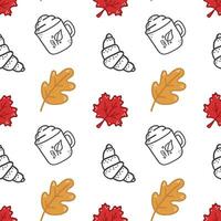 Cute seamless pattern with autumn leaves oak, maple, orange, red color and croissant, cocoa with foam, cookies. For greeting card, wallpaper, web page, background, invitation, gift paper. vector