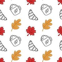 Cute seamless pattern with autumn leaves oak, maple, orange, red color and croissant, cocoa with foam, cookies. For greeting card, wallpaper, web page, background, invitation, gift paper. vector