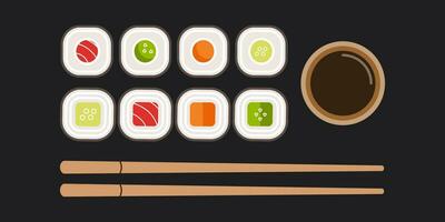 Illustration of plate with sushi rolls with chopstick. Flat set of sushi roll vector icons for web design.