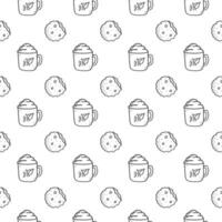 Seamless pattern with mug, cup and cookies.  Isolated flat vector illustration. Hand drawn. For greeting card, wallpaper,  pattern fills, web page, background, invitation, gift paper.