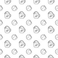 Seamless pattern with mug, cup and cookies.  Isolated flat vector illustration. Hand drawn. For greeting card, wallpaper,  pattern fills, web page, background, invitation, gift paper.