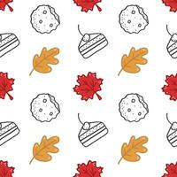 Sweet seamless pattern with autumn leaves oak, maple, orange, and cherry pie, cookies. For greeting card, wallpaper,  pattern fills, web page, background, invitation, gift paper. vector