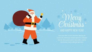 Santa Claus walk with Christmas bag and gold bell on winter forest vector