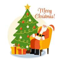 Merry Christmas greeting postcard with Santa Claus, Fir Tree, presents vector