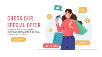 Woman with credit card makes purchases banner. vector