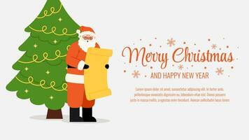 Merry Christmas template banner with Santa Claus reading wish list near Fir Tree vector