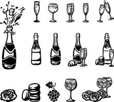 set of silhouettes with champagne, glasses of wine illustration vector