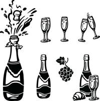 conjunto de siluetas con champán, lentes de vino ilustración vector