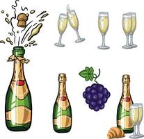 set of colored alcohol with champagne, glasses of wine illustration vector