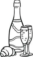 alcohol with champagne bottle, glasses and croissant line illustration vector