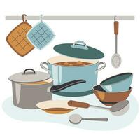 Vector composition of their kitchen items pots and plates. Items for making soup. Flat illstration