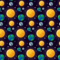 Cosmic seamless pattern with sun, earth and moon. A galaxy with planets. Vector illustration for textiles, paper and decor.