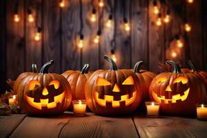 Generative AI, Halloween theme, Jack O' Lanterns with candles and string lights on wooden table in scary halloween night. photo