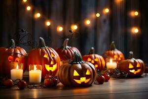 Generative AI, Halloween theme, Jack O' Lanterns with candles and string lights on wooden table in scary halloween night. photo