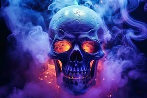 Generative AI, greeting card, halloween celebration, with smoke background and neon effect, skulls, copy space, fantastic photo