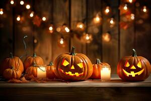 Generative AI, Halloween theme, Jack O' Lanterns with candles and string lights on wooden table in scary halloween night. photo