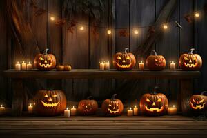 Generative AI, Halloween theme, Jack O' Lanterns with candles and string lights on wooden table in scary halloween night. photo