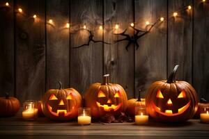 Generative AI, Halloween theme, Jack O' Lanterns with candles and string lights on wooden table in scary halloween night. photo
