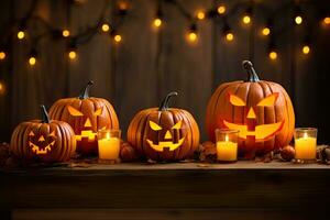 Generative AI, Halloween theme, Jack O' Lanterns with candles and string lights on wooden table in scary halloween night. photo