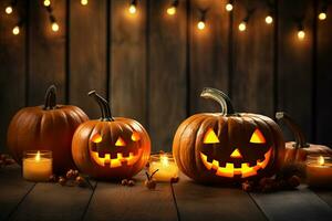 Generative AI, Halloween theme, Jack O' Lanterns with candles and string lights on wooden table in scary halloween night. photo