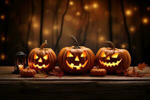 Generative AI, Halloween theme, Jack O' Lanterns with candles and string lights on wooden table in scary halloween night. photo