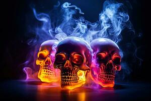 Generative AI, greeting card, halloween celebration, with smoke background and neon effect, skulls, copy space, fantastic photo