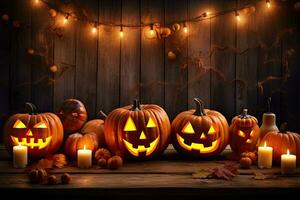 Generative AI, Halloween theme, Jack O' Lanterns with candles and string lights on wooden table in scary halloween night. photo