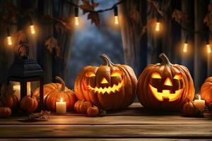 Generative AI, Halloween theme, Jack O' Lanterns with candles and string lights on wooden table in scary halloween night. photo