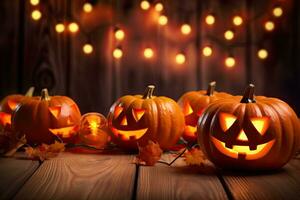 Generative AI, Halloween theme, Jack O' Lanterns with candles and string lights on wooden table in scary halloween night. photo