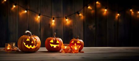 Generative AI, Halloween theme, Jack O' Lanterns with candles and string lights on wooden table in scary halloween night. photo