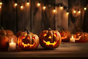 Generative AI, Halloween theme, Jack O' Lanterns with candles and string lights on wooden table in scary halloween night. photo