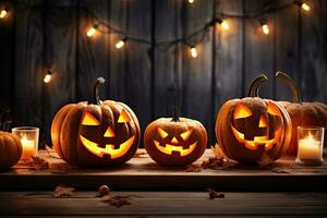 Generative AI, Halloween theme, Jack O' Lanterns with candles and string lights on wooden table in scary halloween night. photo
