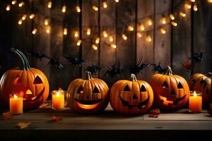 Generative AI, Halloween theme, Jack O' Lanterns with candles and string lights on wooden table in scary halloween night. photo