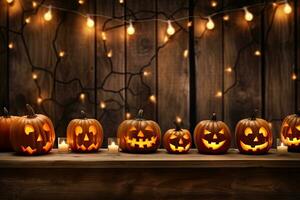 Generative AI, Halloween theme, Jack O' Lanterns with candles and string lights on wooden table in scary halloween night. photo