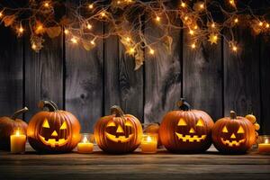 Generative AI, Halloween theme, Jack O' Lanterns with candles and string lights on wooden table in scary halloween night. photo