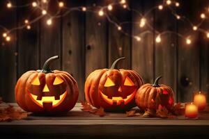 Generative AI, Halloween theme, Jack O' Lanterns with candles and string lights on wooden table in scary halloween night. photo