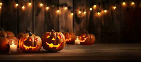 Generative AI, Halloween theme, Jack O' Lanterns with candles and string lights on wooden table in scary halloween night. photo