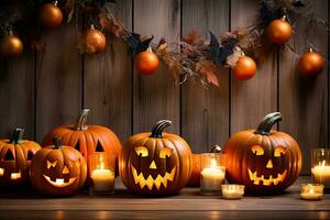 Generative AI, Halloween theme, Jack O' Lanterns with candles and string lights on wooden table in scary halloween night. photo