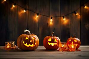 Generative AI, Halloween theme, Jack O' Lanterns with candles and string lights on wooden table in scary halloween night. photo