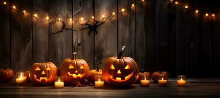 Generative AI, Halloween theme, Jack O' Lanterns with candles and string lights on wooden table in scary halloween night. photo