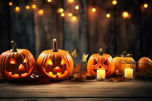 Generative AI, Halloween theme, Jack O' Lanterns with candles and string lights on wooden table in scary halloween night. photo