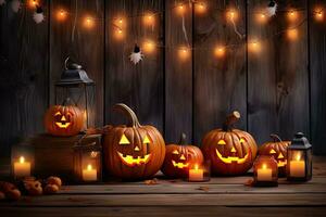 Generative AI, Halloween theme, Jack O' Lanterns with candles and string lights on wooden table in scary halloween night. photo