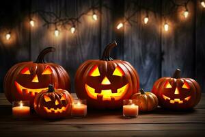Generative AI, Halloween theme, Jack O' Lanterns with candles and string lights on wooden table in scary halloween night. photo