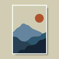 Posters with mountain landscape concept and pastel colors. Plant leaves, Great design for social media, prints, wall decoration. Vector illustration