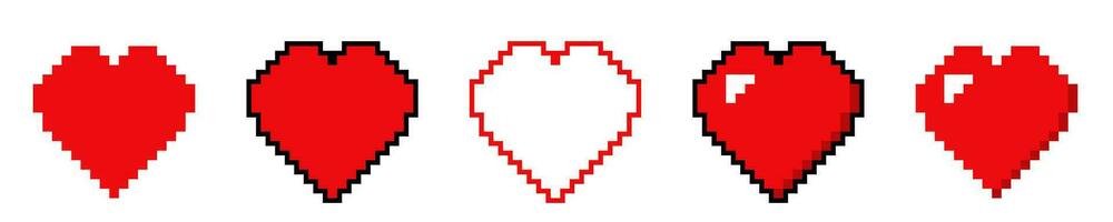 Heart red 8 bit pixel icon set. Digital heart vector