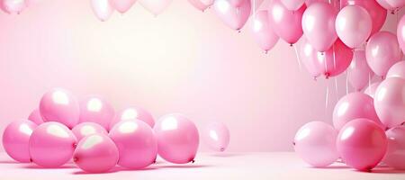 generativo ai, un cumpleaños concepto, ligero rosado globo lleno antecedentes. Copiar espacio foto