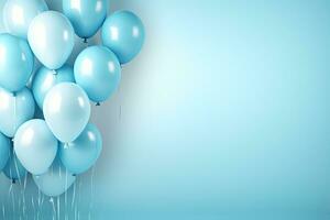 Generative AI, a birthday concept, light blue balloons full background. Copy space photo