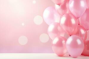 generativo ai, un cumpleaños concepto, ligero rosado globo lleno antecedentes. Copiar espacio foto