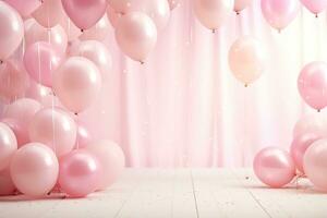 Generative AI, a birthday concept, light pink balloon full background. Copy space photo